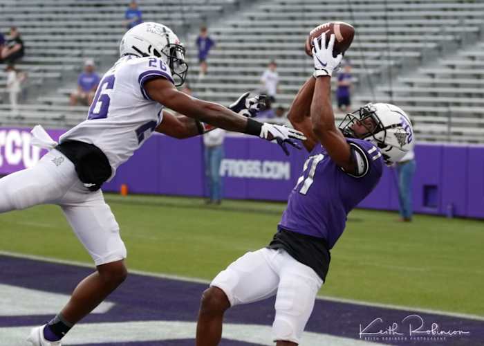 TCU Spring Football Game #26 Safety Bud Clark_#11 and Wide Receiver #11 Derius Davis